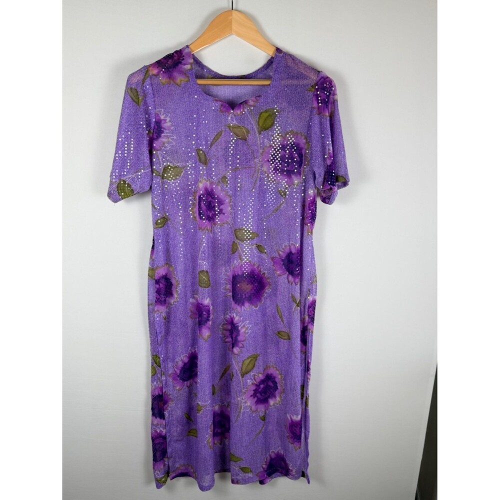 Sheer Purple Floral Midi Dress Shimmer Dot Beach Cover Up Flowy Overlay